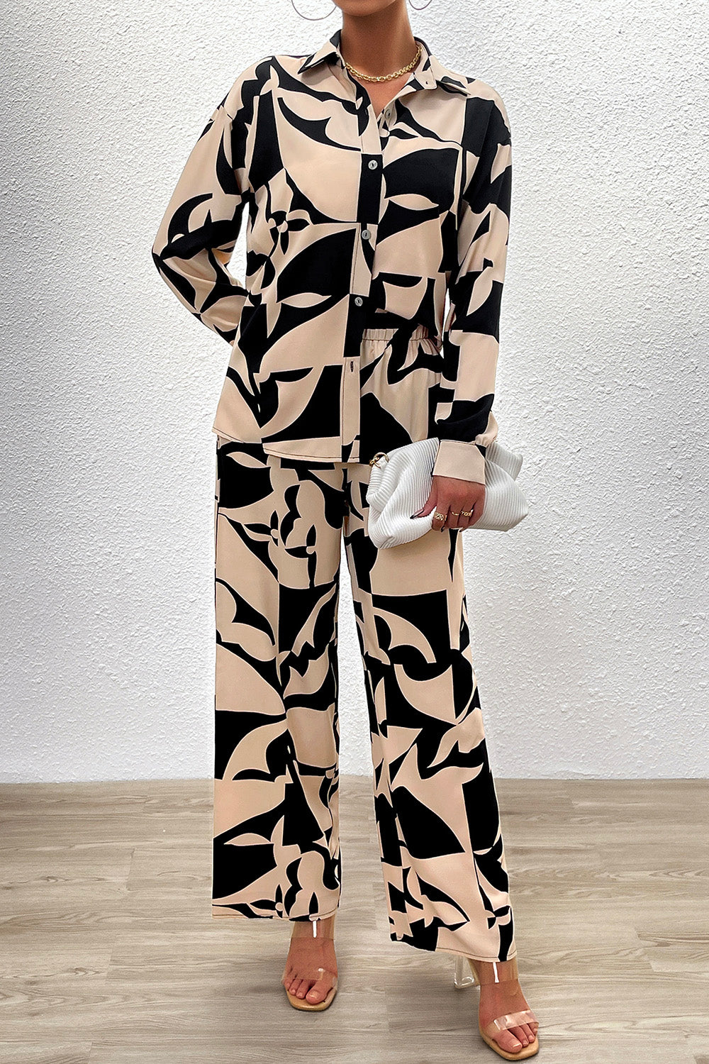 Printed Button Up Shirt and Pants Set - Fashionistas Showroom