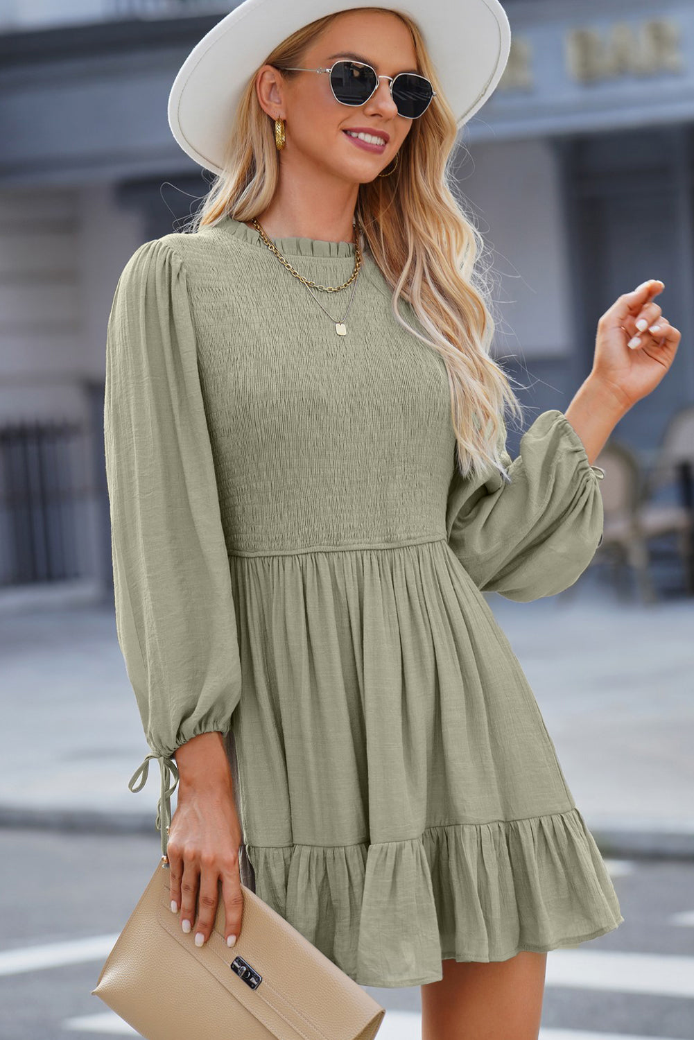 Smocked Tied Balloon Sleeve Mini Dress - Fashionistas Showroom