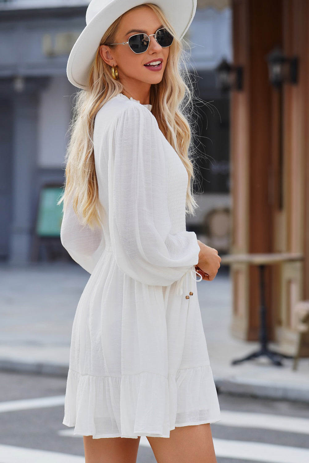 Smocked Tied Balloon Sleeve Mini Dress - Fashionistas Showroom