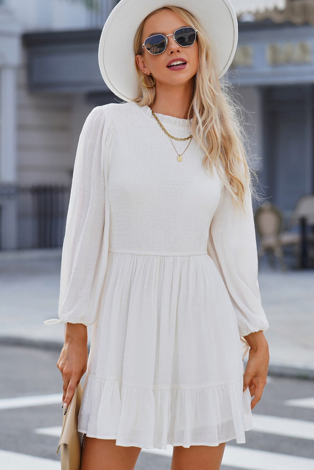 Smocked Tied Balloon Sleeve Mini Dress - Fashionistas Showroom