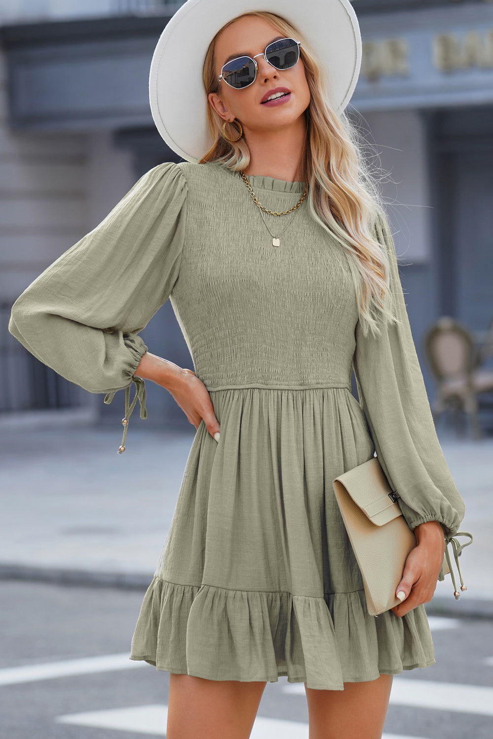 Smocked Tied Balloon Sleeve Mini Dress - Fashionistas Showroom