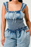 Chambray Charm Ruffled Jumpsuit - Fashionistas Showroom