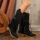 Fringe Point Toe Block Heels Boots