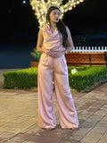 Satin Wide Leg Pants & Flower Sleeveless Top Set