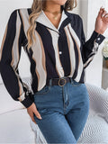 Contrast Color Striped Suit Collar Long Sleeve Shirt - Fashionistas Showroom