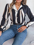 Contrast Color Striped Suit Collar Long Sleeve Shirt - Fashionistas Showroom