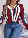 Contrast Color Striped Suit Collar Long Sleeve Shirt - Fashionistas Showroom