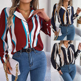 Contrast Color Striped Suit Collar Long Sleeve Shirt - Fashionistas Showroom