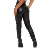 Cross-border Autumn New Amazon European And American Fashion Sexy Tight Pleated High Waist Stretch Split PU Leather Pants - Fashionistas Showroom