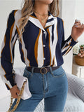 Contrast Color Striped Suit Collar Long Sleeve Shirt - Fashionistas Showroom