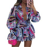 Cross-border Autumn Fashion V-neck Print Temperament Ruffle Short Dress - Fashionistas Showroom
