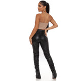 Cross-border Autumn New Amazon European And American Fashion Sexy Tight Pleated High Waist Stretch Split PU Leather Pants - Fashionistas Showroom