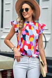 Printed Flutter Sleeve Frill Neck Top - Fashionistas Showroom